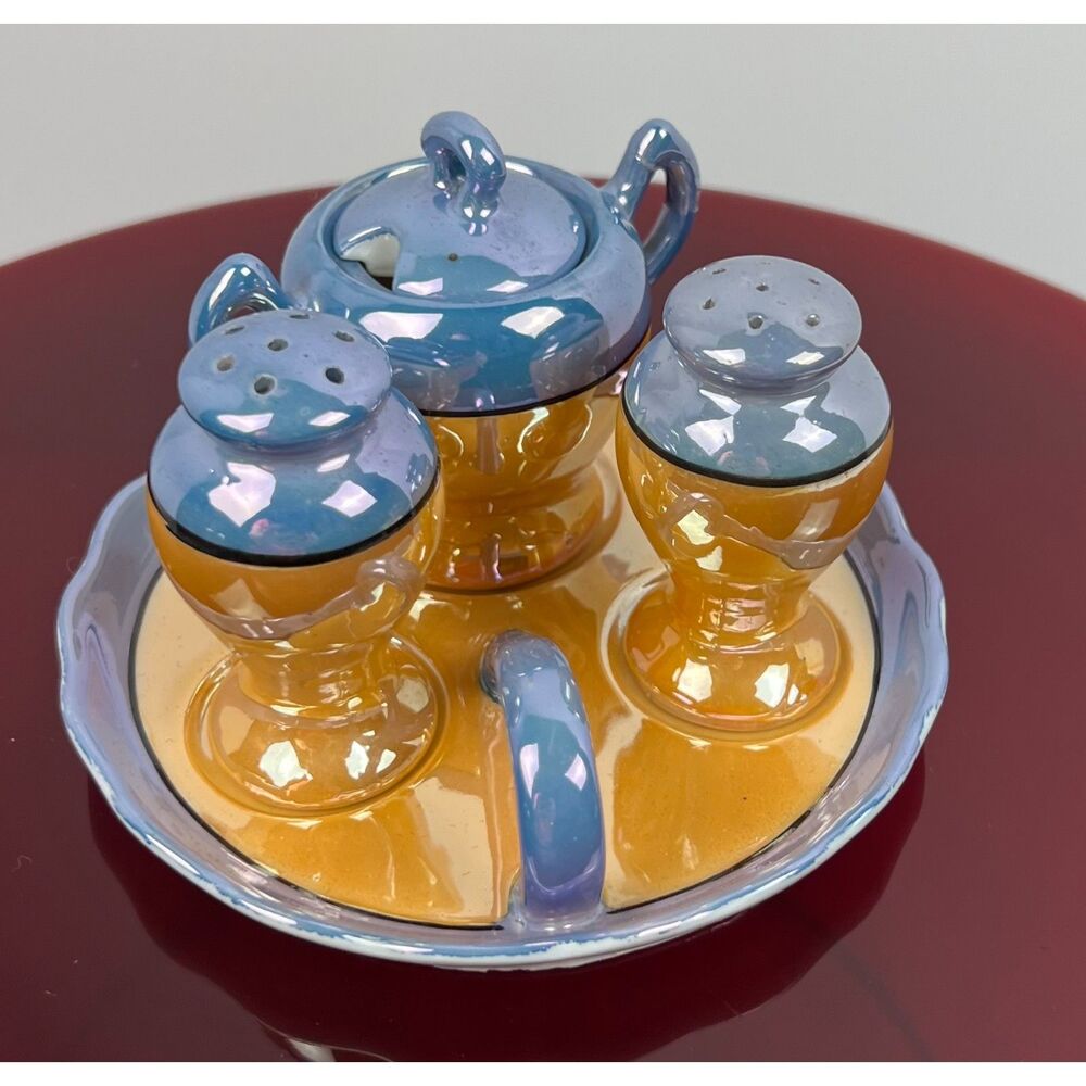 VTG Japan Lusterware Condiment Set Art Deco Salt Pepper Mustard Tray Peach Blue